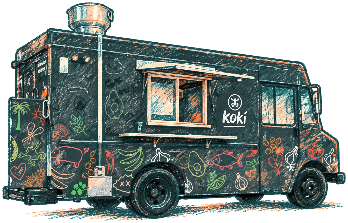 Colored-pencil illustration of the Kokí food truck, with its serving window and colorful food illustrations